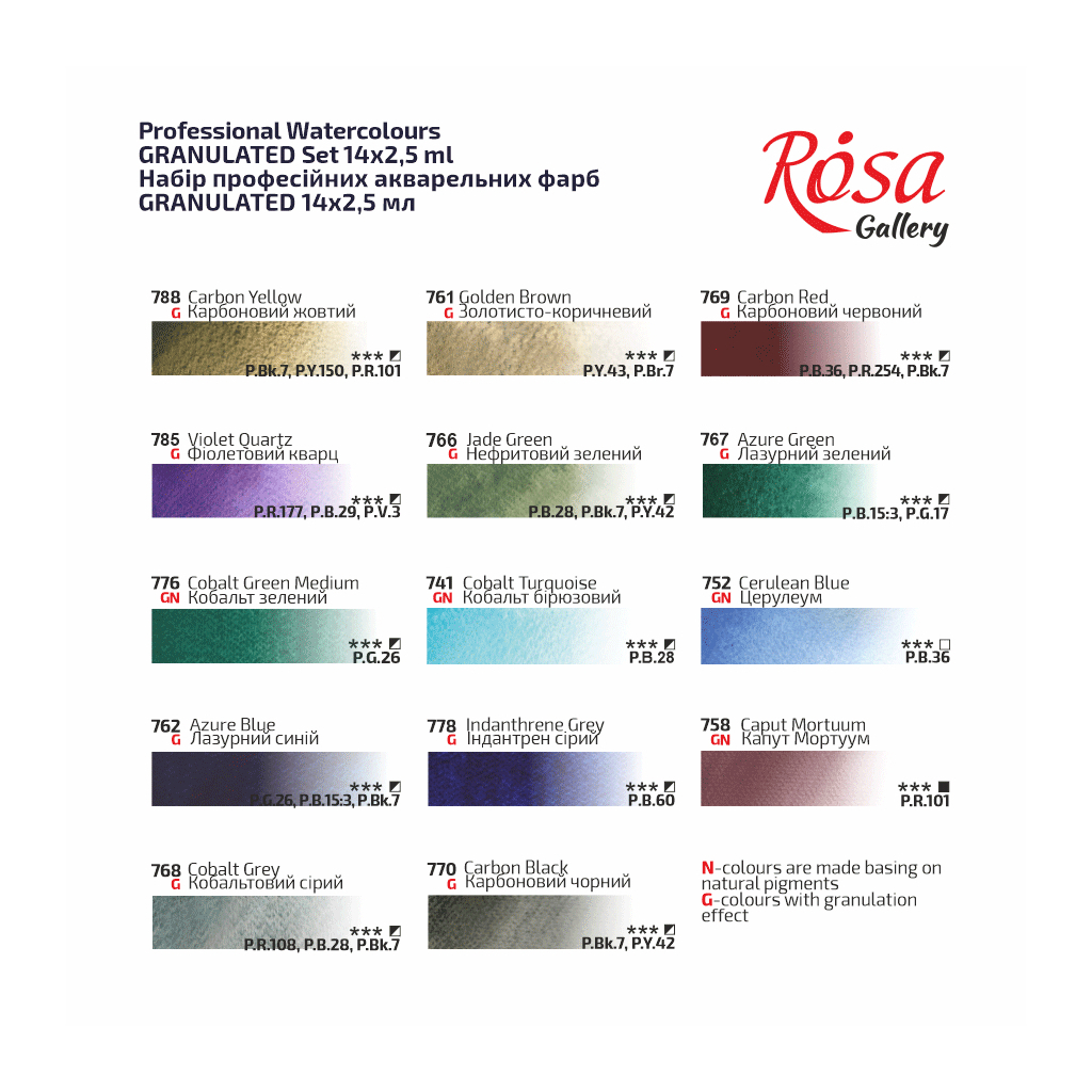 Акварельні фарби Rosa Gallery GRANULATION 14 кольорів по 2,5 мл в металевому пеналі (4823098544128) - фото 4 Акварельні фарби Rosa Gallery GRANULATION 14 кольорів по 2,5 мл в металевому пеналі (4823098544128) - фото 4