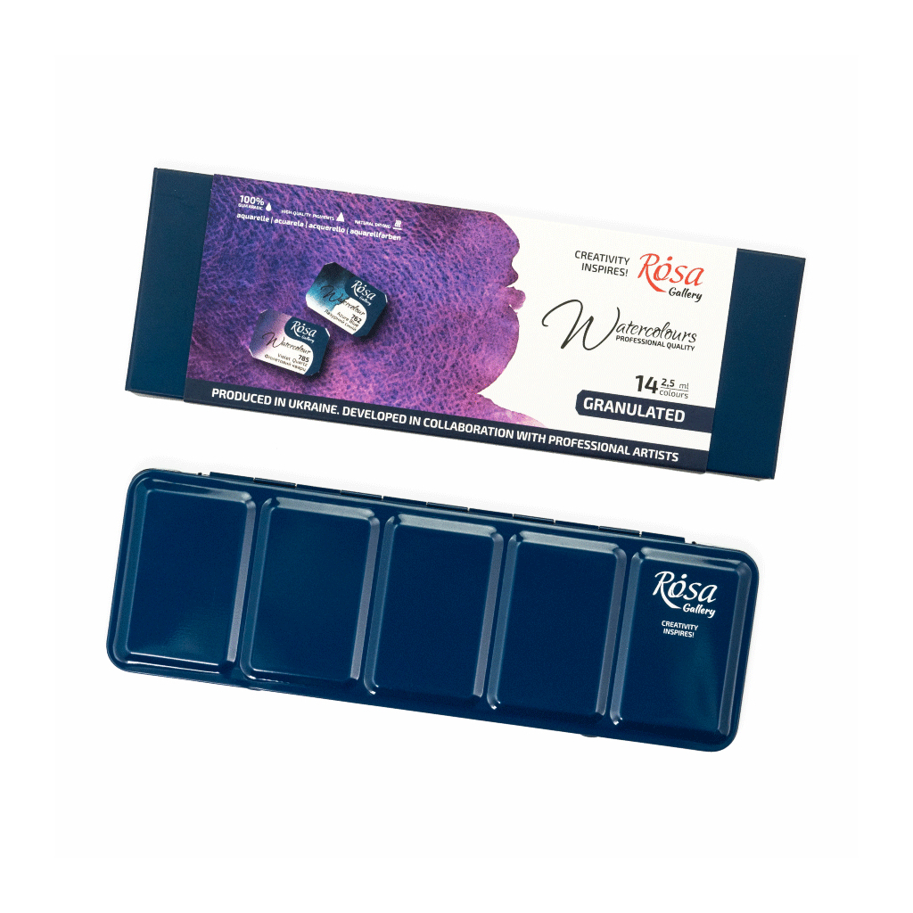 Акварельні фарби Rosa Gallery GRANULATION 14 кольорів по 2,5 мл в металевому пеналі (4823098544128) - фото 5 Акварельні фарби Rosa Gallery GRANULATION 14 кольорів по 2,5 мл в металевому пеналі (4823098544128) - фото 5