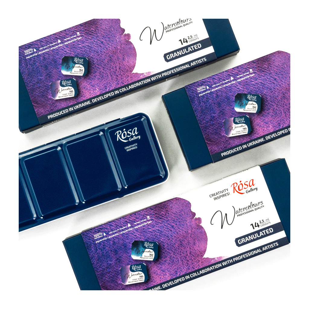 Акварельні фарби Rosa Gallery GRANULATION 14 кольорів по 2,5 мл в металевому пеналі (4823098544128) - фото 7 Акварельні фарби Rosa Gallery GRANULATION 14 кольорів по 2,5 мл в металевому пеналі (4823098544128) - фото 7