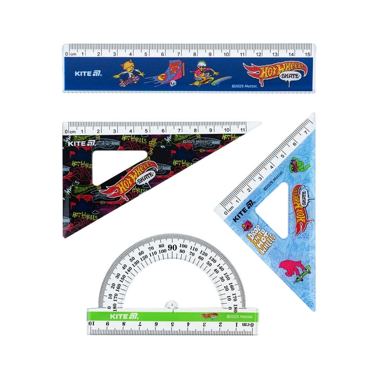 Лінійка Kite набір: лінійка 15 см, 2 косинця, транспортир Hot Wheels (HW25-282) - фото 1