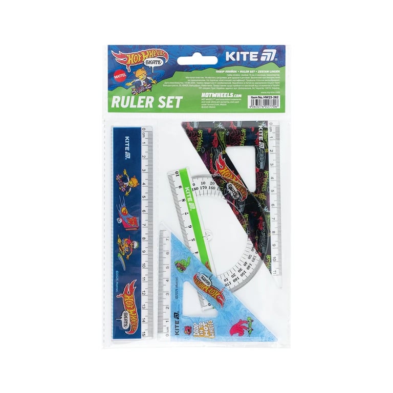 Лінійка Kite набір: лінійка 15 см, 2 косинця, транспортир Hot Wheels (HW25-282) - фото 2