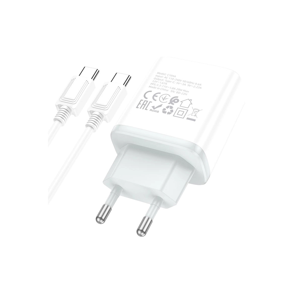 Зарядний пристрій HOCO C104A USB-C PD20W + cable USB-C to USB-C white (6931474782915) - фото 5 Зарядний пристрій HOCO C104A USB-C PD20W + cable USB-C to USB-C white (6931474782915) - фото 5
