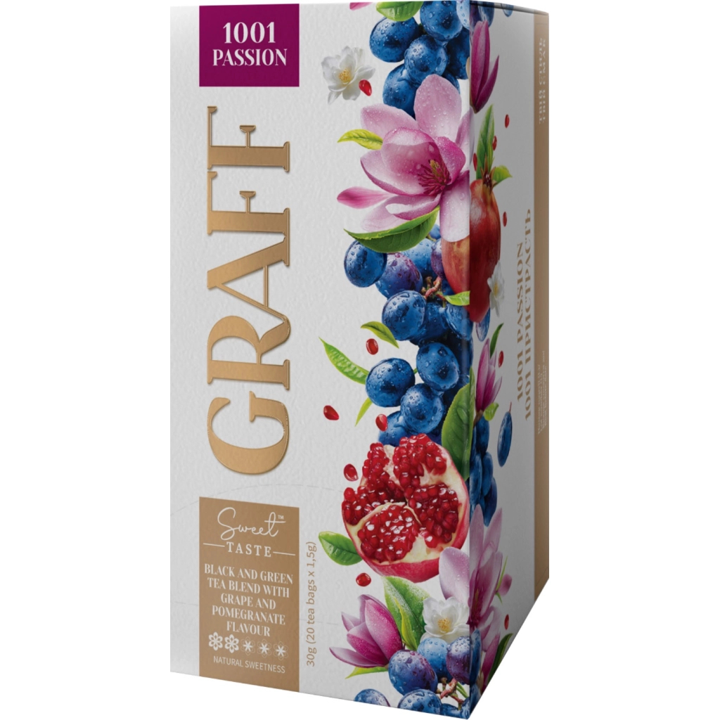 Чай Graff 1001 Passion з ароматом винограду та гранату 20х1.5 г (4820279612522) Чай Graff 1001 Passion з ароматом винограду та гранату 20х1.5 г (4820279612522)