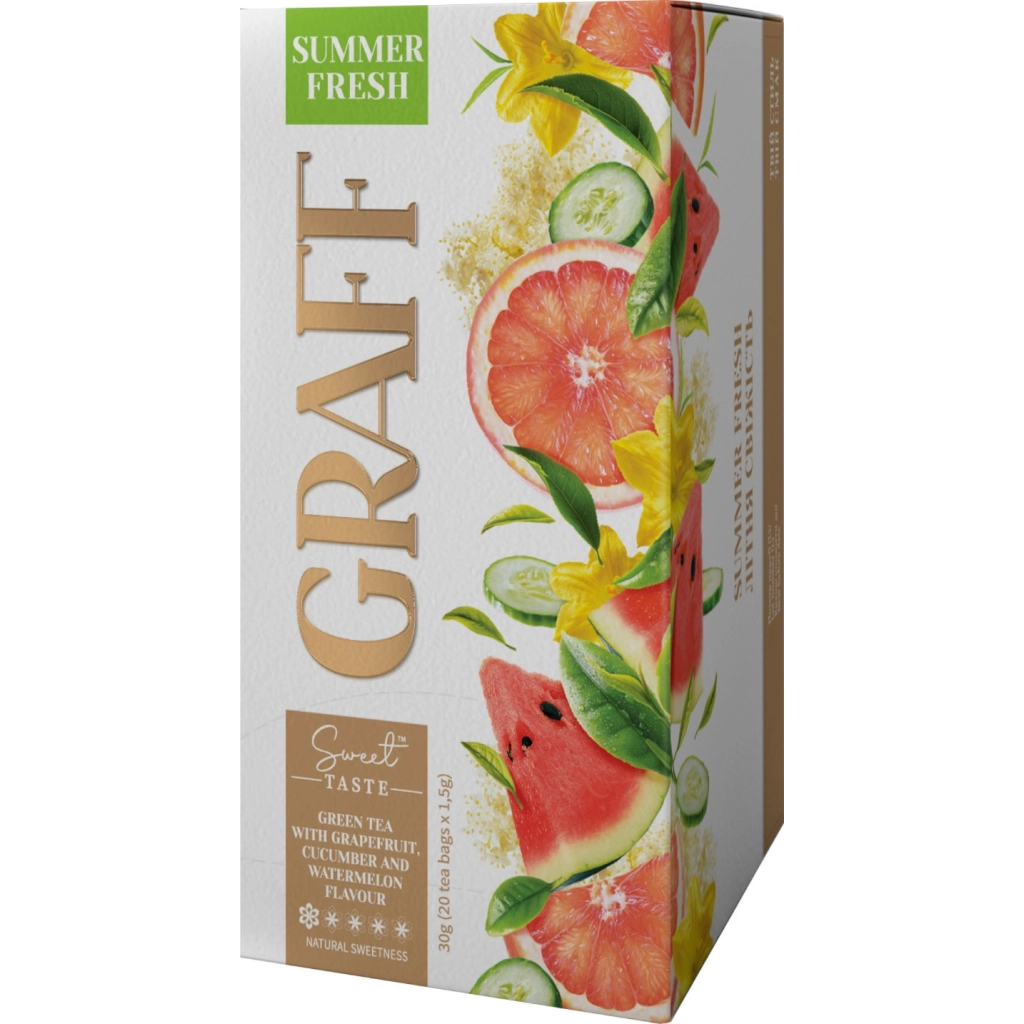 Чай Graff Summer Fresh з ароматом грейфрута, огірка та кавуна 20x1.5 г (4820279612287) Чай Graff Summer Fresh з ароматом грейфрута, огірка та кавуна 20x1.5 г (4820279612287)