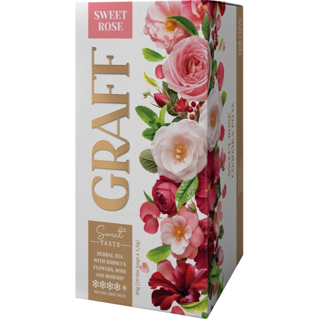 Чай Graff Sweet Rose з квітів гібіскуса, троянди та шипшини 20x1.5 г (4820279612300) Чай Graff Sweet Rose з квітів гібіскуса, троянди та шипшини 20x1.5 г (4820279612300)