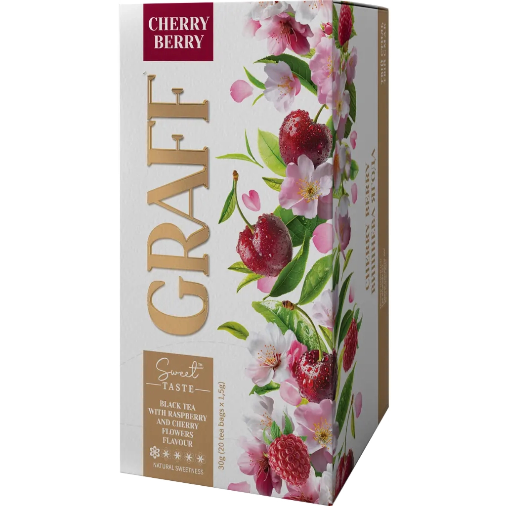 Чай Graff Cherry Berry з ароматом квітів малини та вишні 20x1.5 г (4820279612324) Чай Graff Cherry Berry з ароматом квітів малини та вишні 20x1.5 г (4820279612324)