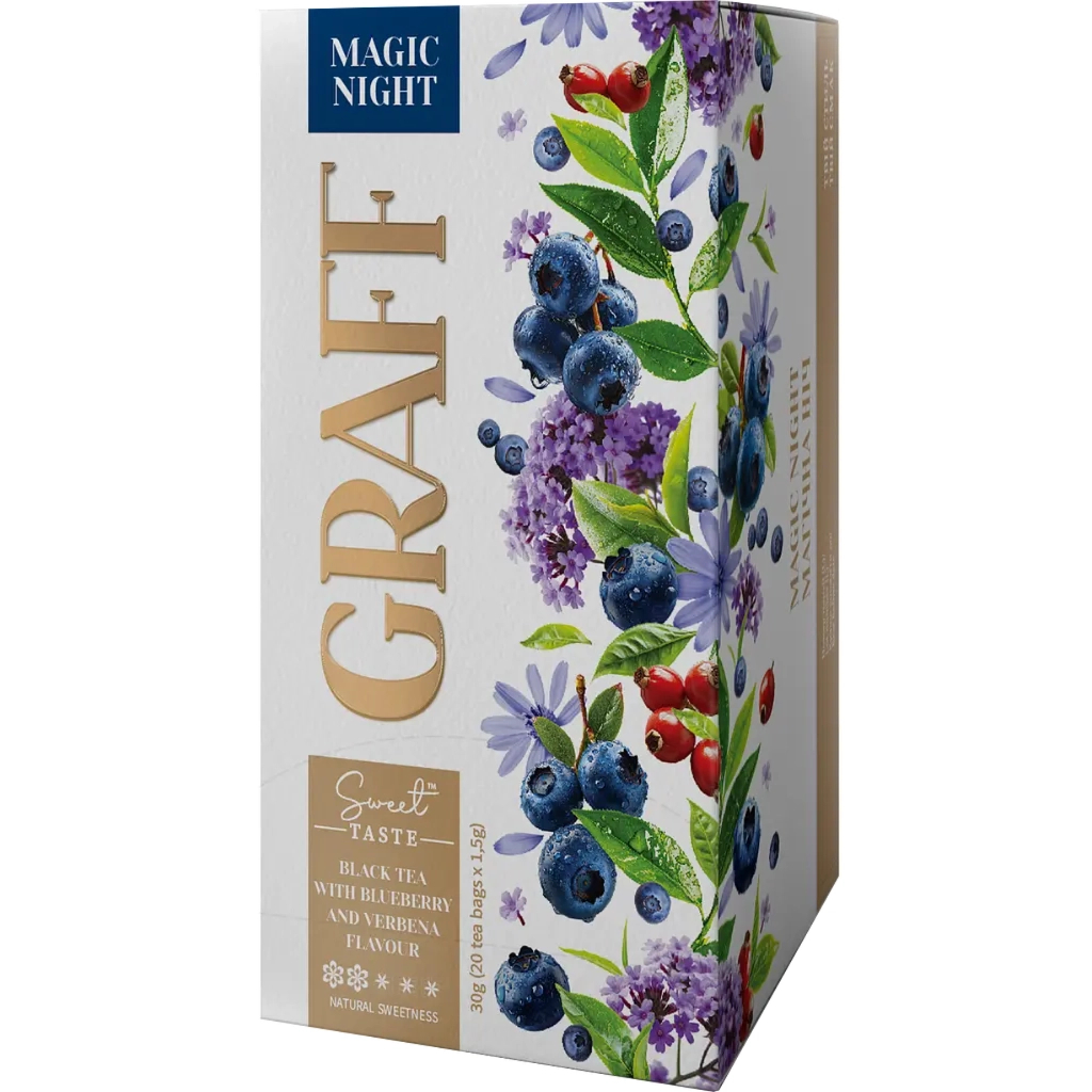 Чай Graff Magic night з ароматом чорниці та вербени 20x1.5 г (4820279612508) Чай Graff Magic night з ароматом чорниці та вербени 20x1.5 г (4820279612508)