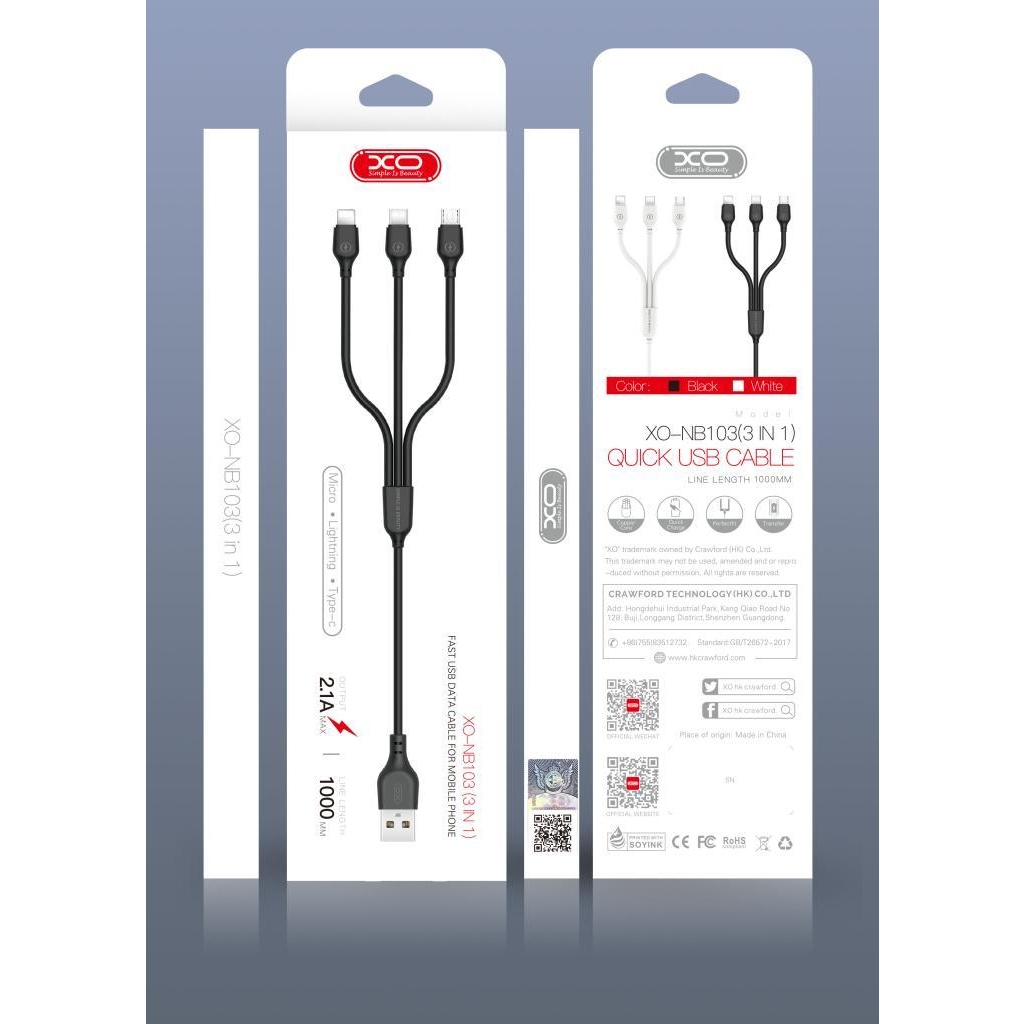 Дата кабель USB 2.0 AM to Lightning + Micro 5P + USB-C 1.0m 2.1A black XO (NB103-3in1-1-BK) - фото 2 Дата кабель USB 2.0 AM to Lightning + Micro 5P + USB-C 1.0m 2.1A black XO (NB103-3in1-1-BK) - фото 2