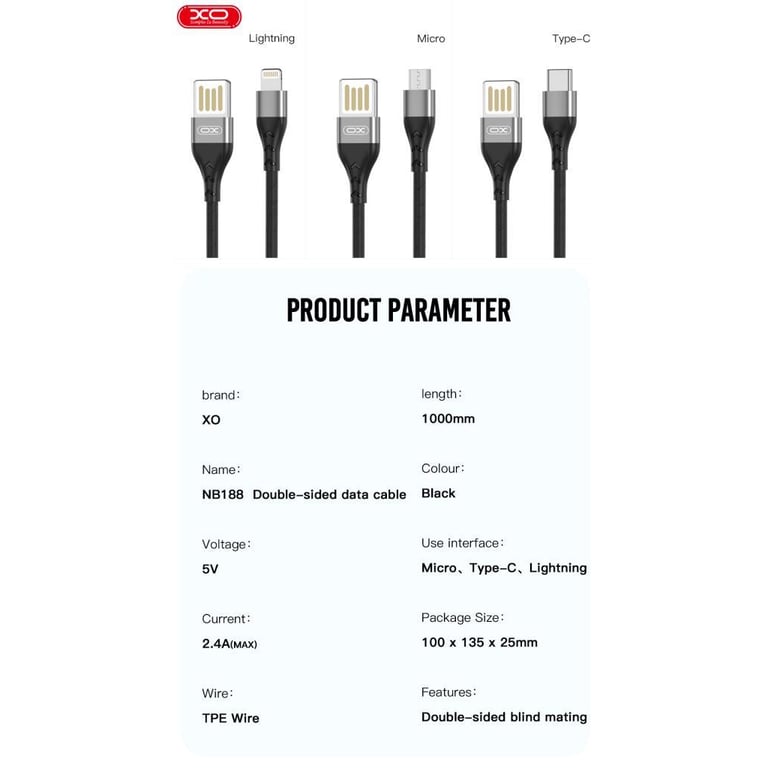 Дата кабель USB 2.0 AM to Lightning 1.0m 2.4A double-side grey XO (NB188-L-1-GR) - фото 4