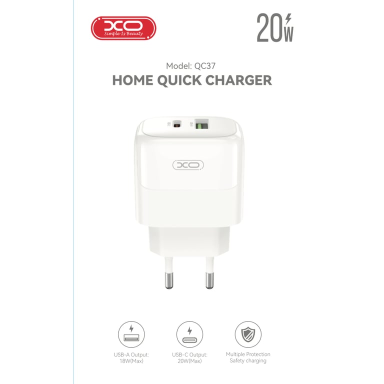 Зарядний пристрій XO 1xUSB QC3.0 + 1xUSB-C PD20W (XO-QC37) - фото 5