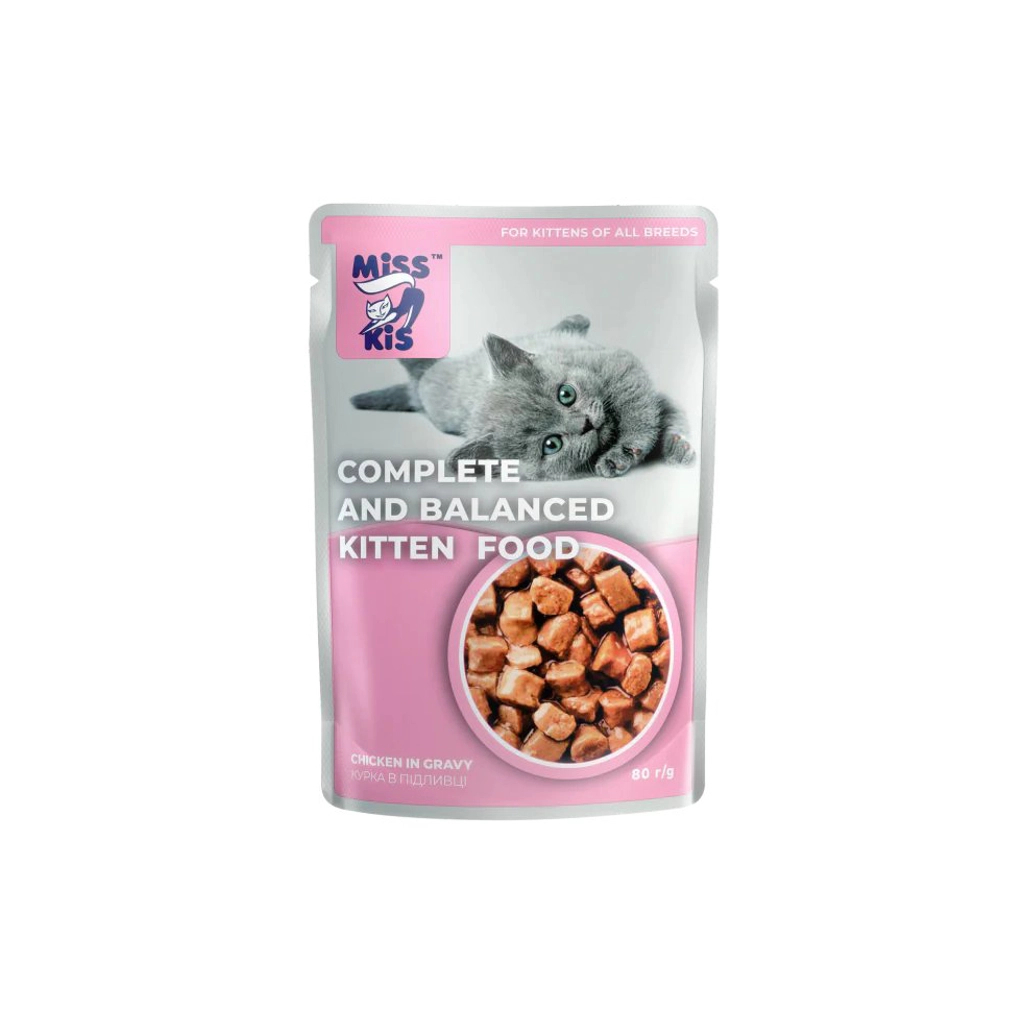 Вологий корм для кішок Mis Kiss для кошенят курка у підливці 80 г (4820111141425) Вологий корм для кішок Mis Kiss для кошенят курка у підливці 80 г (4820111141425)