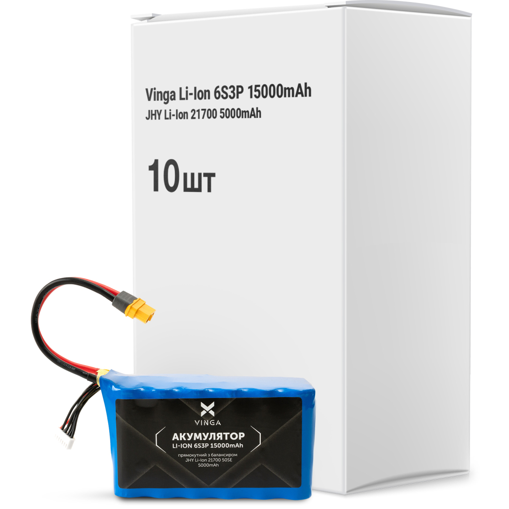 Акумуляторний блок Vinga Li-Ion 6S3P 15000mAh коробка 10 шт (JHY Li-Ion 21700 5000mAh) (V6S3P-10PCS-15000MAH) Акумуляторний блок Vinga Li-Ion 6S3P 15000mAh коробка 10 шт (JHY Li-Ion 21700 5000mAh) (V6S3P-10PCS-15000MAH)