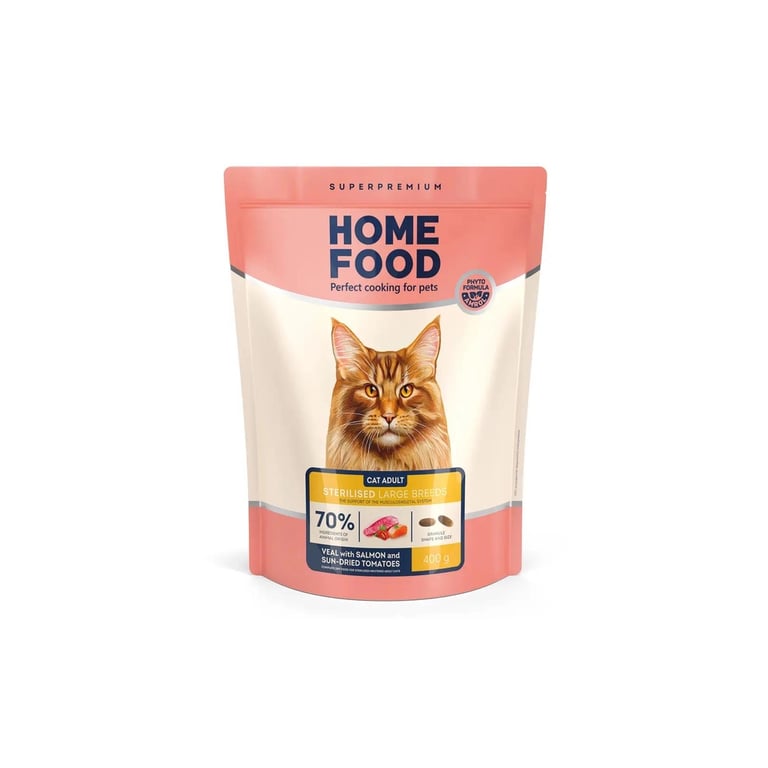 Сухий корм для кішок Home Food For large breeds з телятиною, лососем та в’яленими томатами 400 г (4820235021009)