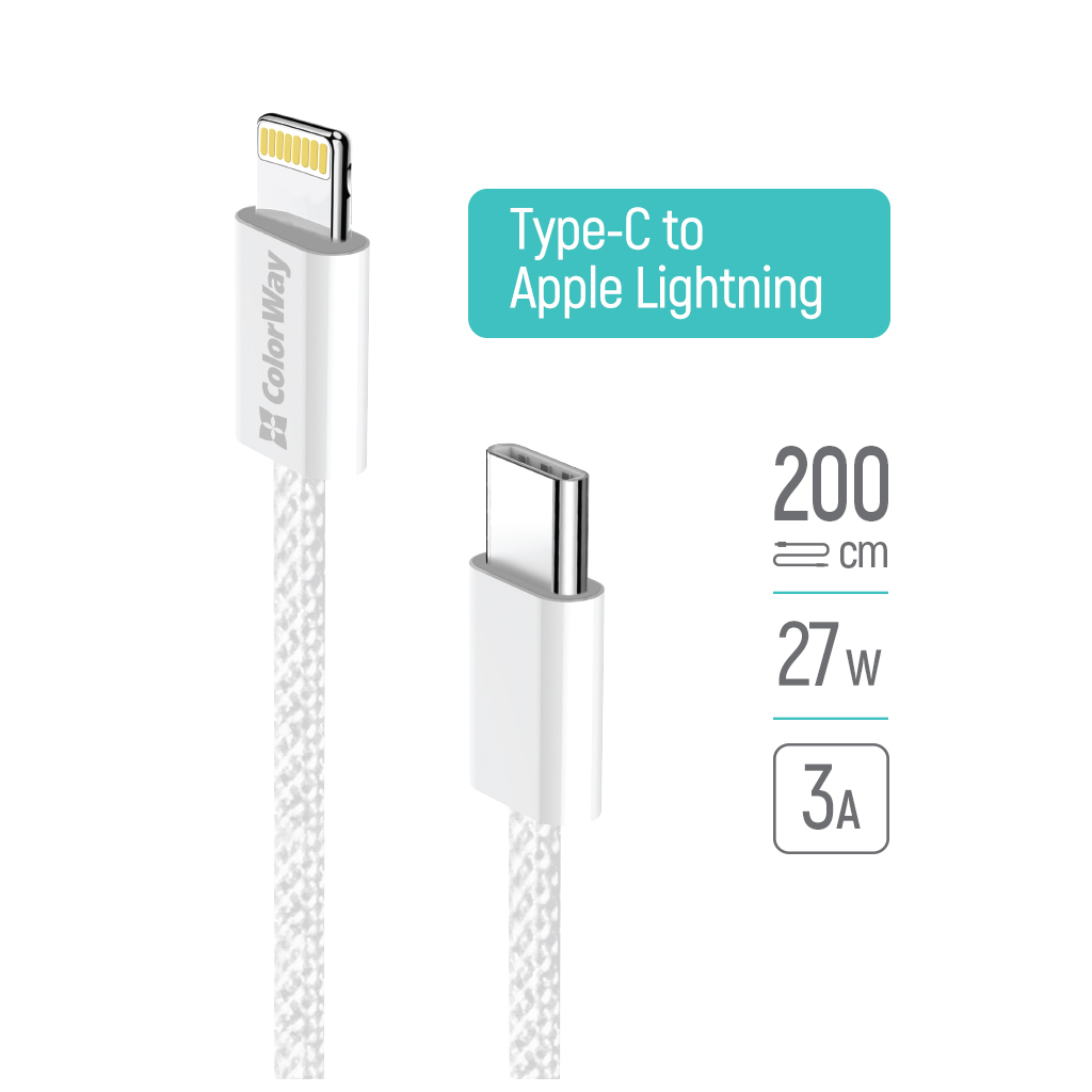 Дата кабель USB-C to Lightning 2.0m PD 27W braided gray ColorWay (CW-CBPDCL068-GR) - фото 1