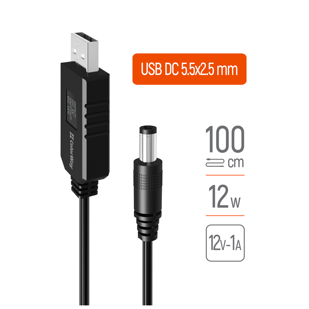Кабель живлення USB to DC 5.5x2.5mm 12V 1.0m black ColorWay (CW-CBUD067-BK)