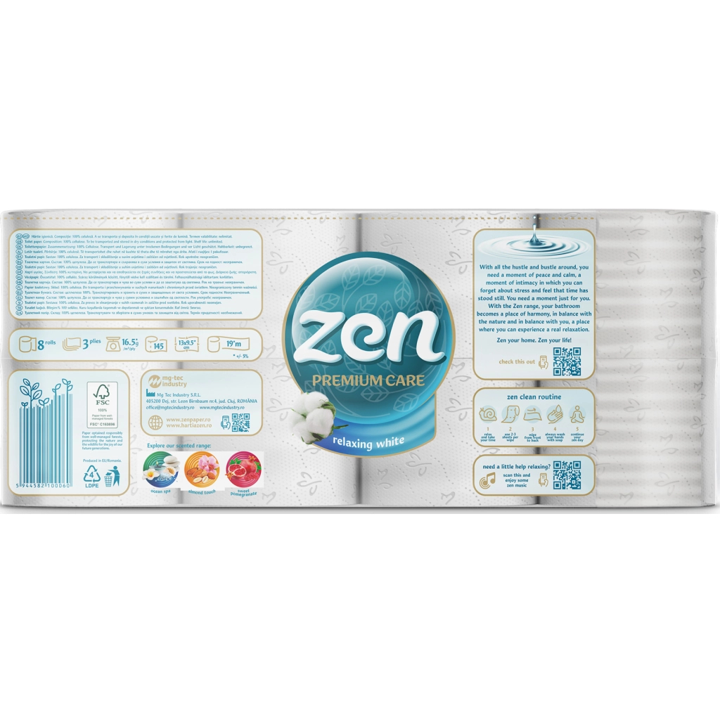 Туалетний папір Zen Premium Care Relaxing White 3 шари 8 рулонів (5944582100060) - фото 3 Туалетний папір Zen Premium Care Relaxing White 3 шари 8 рулонів (5944582100060) - фото 3