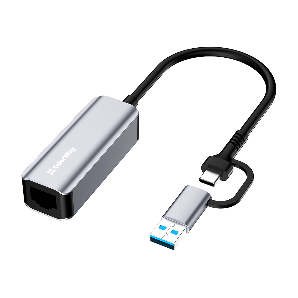 Адаптер USB-C + USB A to RJ45 Ethernet 1000Mbps ColorWay (CW-AD-CRG) Адаптер USB-C + USB A to RJ45 Ethernet 1000Mbps ColorWay (CW-AD-CRG)