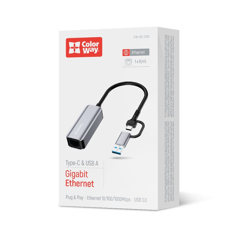 Адаптер USB-C + USB A to RJ45 Ethernet 1000Mbps ColorWay (CW-AD-CRG) - фото 6