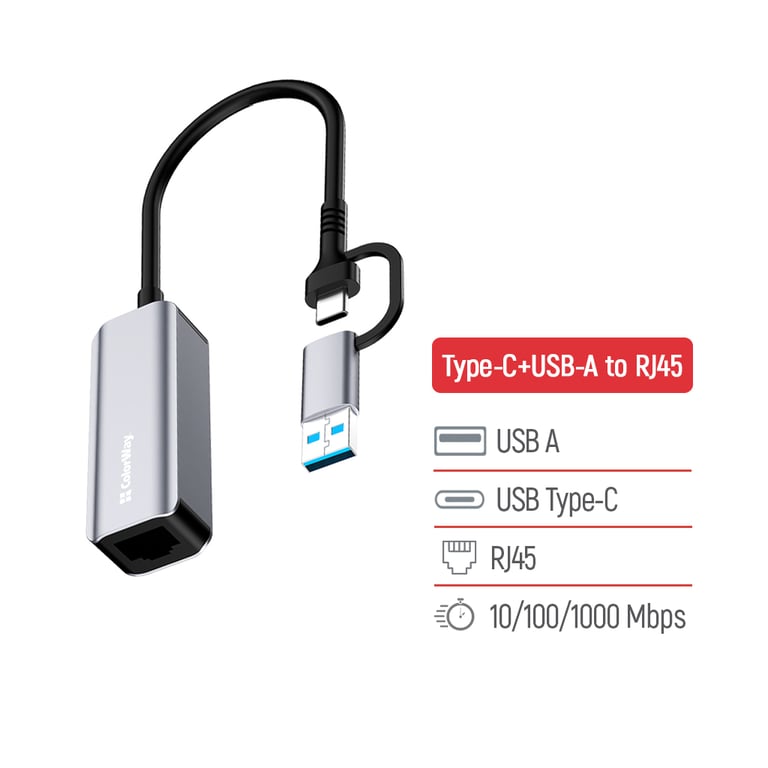 Адаптер USB-C + USB A to RJ45 Ethernet 1000Mbps ColorWay (CW-AD-CRG) - фото 7
