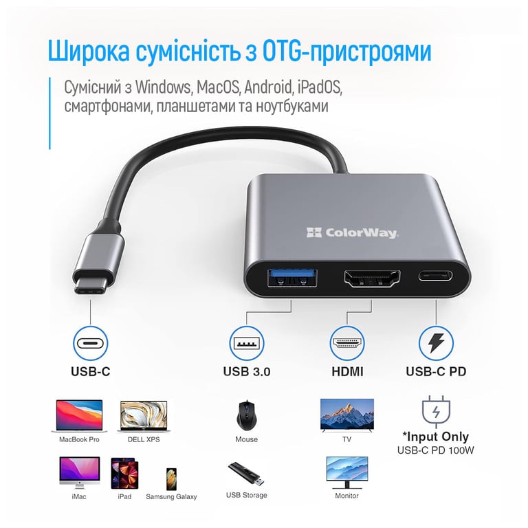 Концентратор ColorWay USB-C 3-in-1 USB 3.0 + HDMI 4K + USB-C PD100W (CW-HUB08) - фото 11