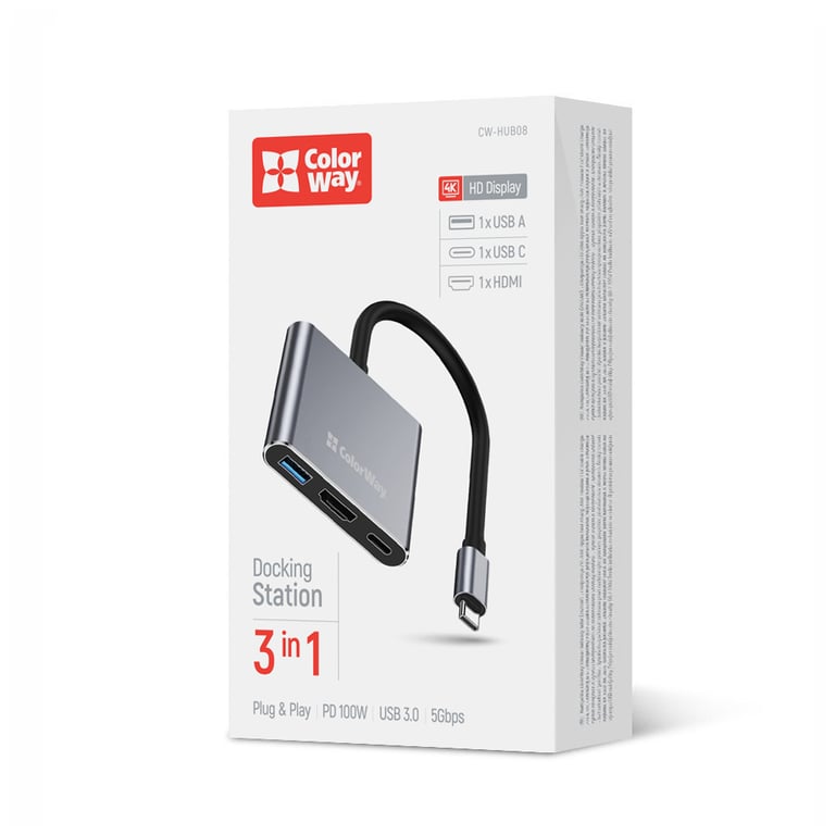 Концентратор ColorWay USB-C 3-in-1 USB 3.0 + HDMI 4K + USB-C PD100W (CW-HUB08) - фото 6