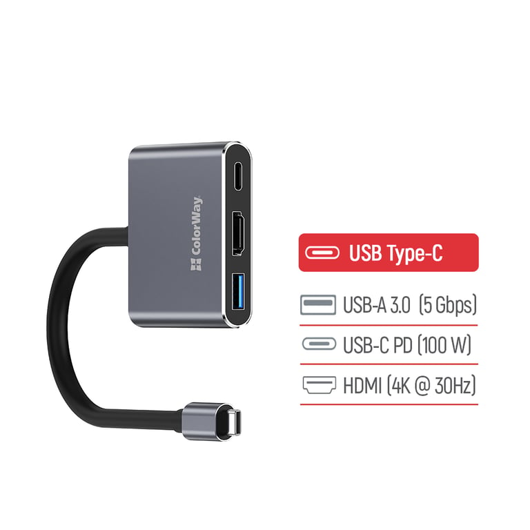 Концентратор ColorWay USB-C 3-in-1 USB 3.0 + HDMI 4K + USB-C PD100W (CW-HUB08) - фото 7