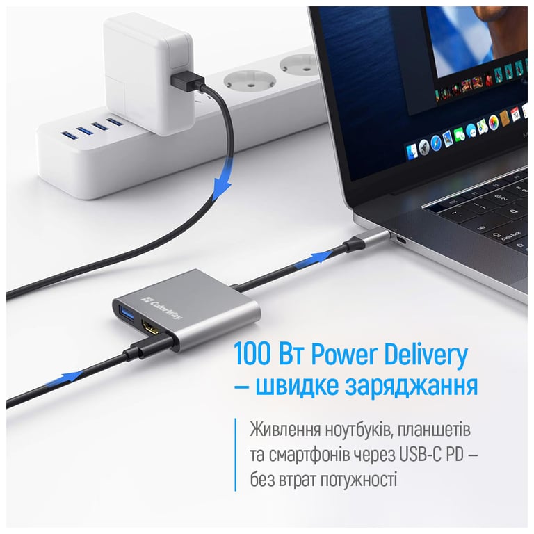 Концентратор ColorWay USB-C 3-in-1 USB 3.0 + HDMI 4K + USB-C PD100W (CW-HUB08) - фото 8