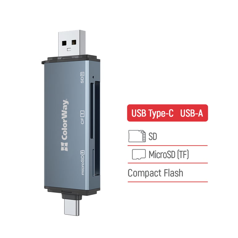 Зчитувач флеш-карт ColorWay USB 2.0/USB-C to CF/SD/MicroSD (CW-CR-01) - фото 5