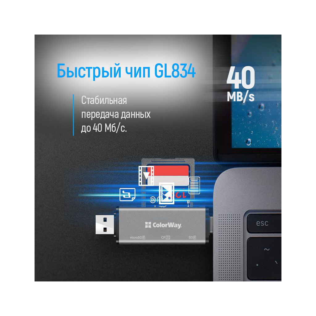 Зчитувач флеш-карт ColorWay USB 2.0/USB-C to CF/SD/MicroSD (CW-CR-01) - фото 7 Зчитувач флеш-карт ColorWay USB 2.0/USB-C to CF/SD/MicroSD (CW-CR-01) - фото 7