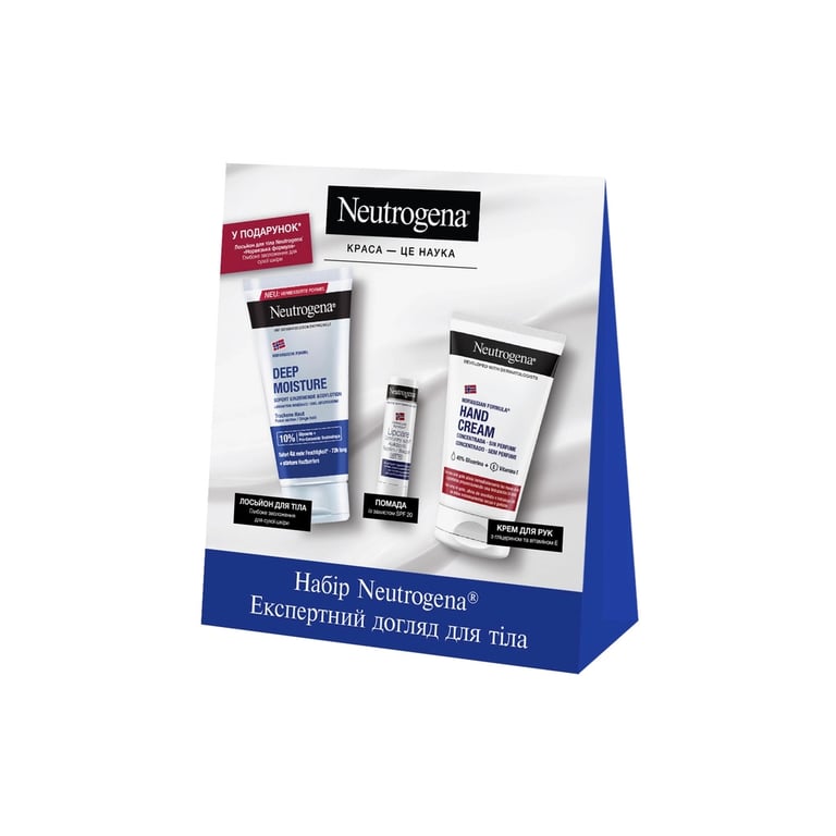 Набір косметики Neutrogena Експертний догляд для тіла Крем для рук 50 мл + Помада 4.8 г + Лосьйон для тіла 75 мл (3574661864976) - фото 1