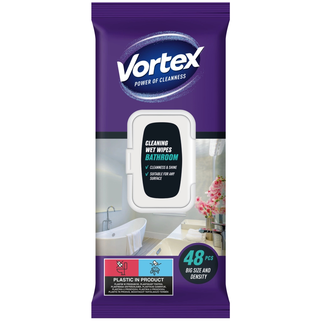 Серветки для прибирання Vortex Вологі Для ванної кімнати З клапаном 48 шт. (4823071641233) Серветки для прибирання Vortex Вологі Для ванної кімнати З клапаном 48 шт. (4823071641233)
