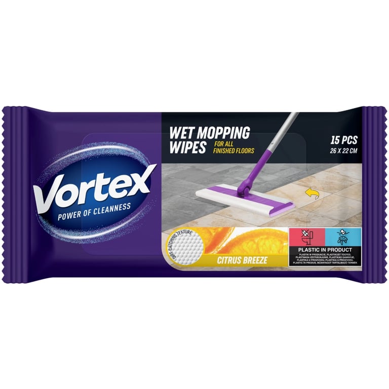 Серветки для прибирання Vortex Citrus Breeze Вологі для підлоги 15 шт. (4823071663549) - фото 1