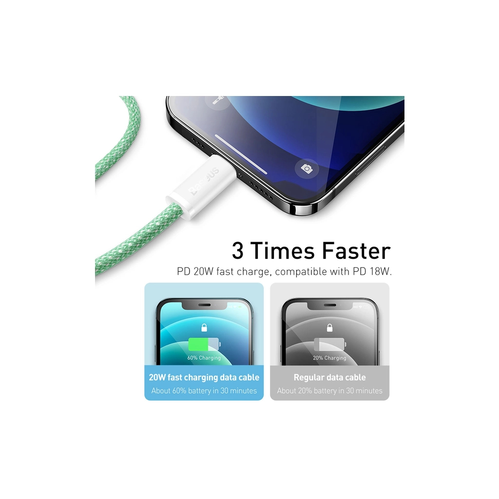 Дата кабель USB-C to Lightning 2.0m 20W green Baseus (CALD000106) - фото 3 Дата кабель USB-C to Lightning 2.0m 20W green Baseus (CALD000106) - фото 3