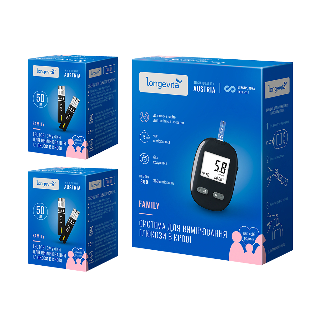 Глюкометр Longevita Family Система для вимірювання глюкози в крові + тест смужки 2 х 50 шт. (6837149)