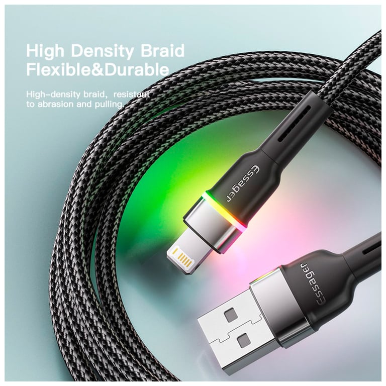 Дата кабель USB 2.0 AM to Lightning 2.0m 2.4A LED black Essager (EXCL-XCDA01) - фото 3