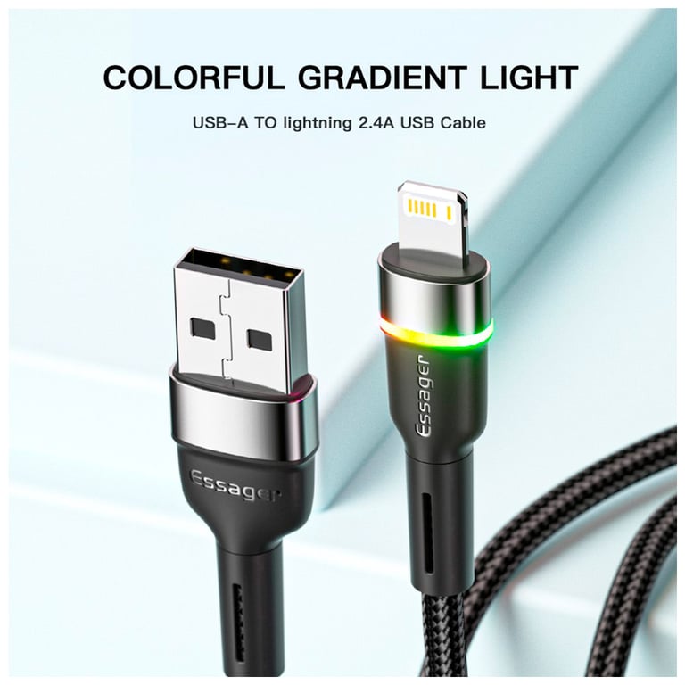 Дата кабель USB 2.0 AM to Lightning 2.0m 2.4A LED black Essager (EXCL-XCDA01) - фото 4