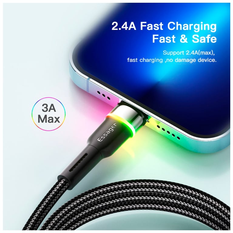 Дата кабель USB 2.0 AM to Lightning 2.0m 2.4A LED black Essager (EXCL-XCDA01) - фото 5