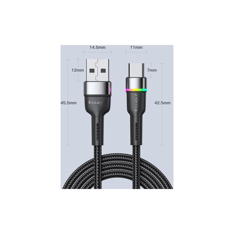 Дата кабель USB 2.0 AM to USB-C 0.5m 3A LED black Essager (EXCT-XCDB01) - фото 9