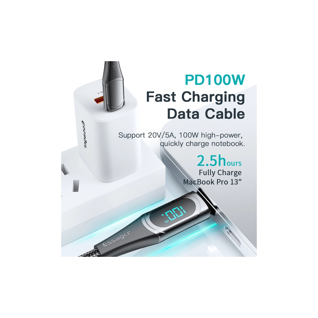 Дата кабель USB-C to USB-C 2.0m 100W Digital Display black Essager (ES-XCTT1-YDA01) - фото 4 Дата кабель USB-C to USB-C 2.0m 100W Digital Display black Essager (ES-XCTT1-YDA01) - фото 4