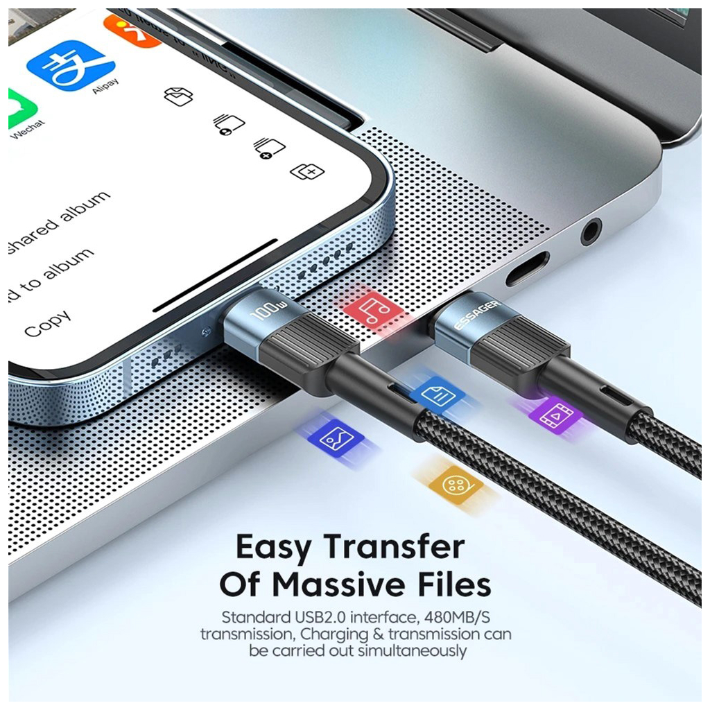 Дата кабель USB-C to USB-C 2.0m 100W blue Essager (EXCTT1-XCA03) - фото 5 Дата кабель USB-C to USB-C 2.0m 100W blue Essager (EXCTT1-XCA03) - фото 5