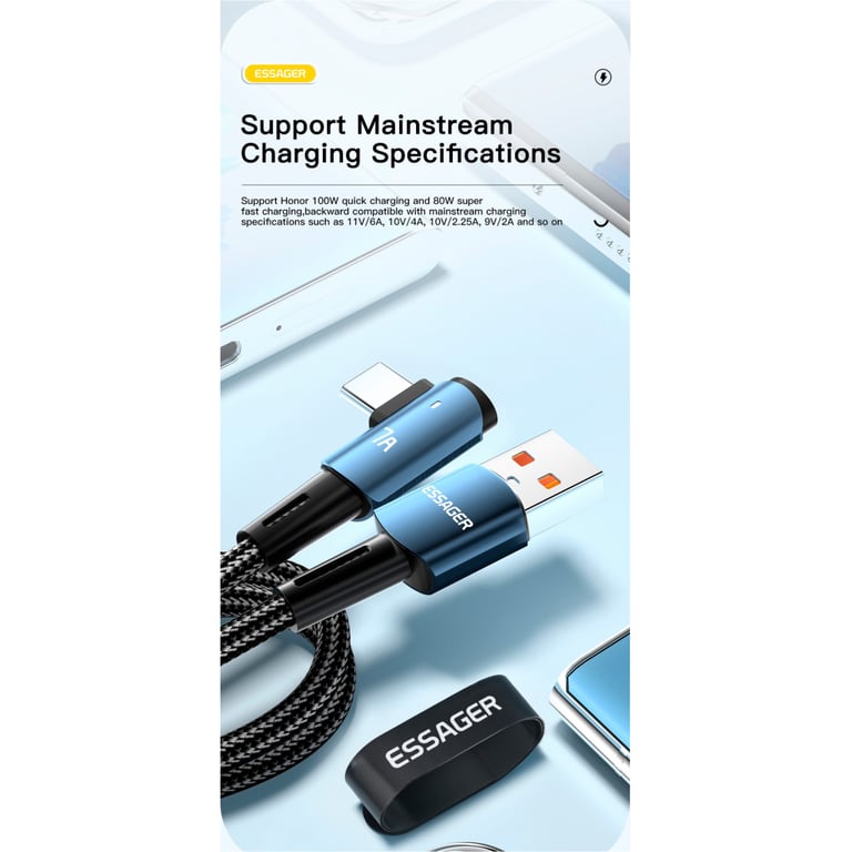 Дата кабель USB 2.0 AM to USB-C 1.0m 100W 90° corner black Essager (EXCWT7A-CG01-P) - фото 4