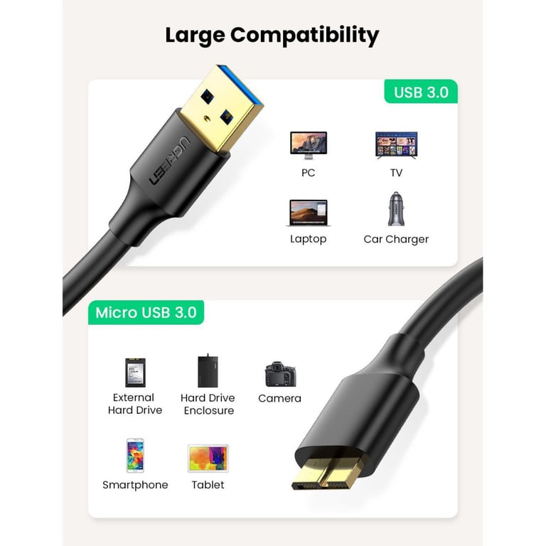 Дата кабель USB 3.0 AM to Micro B 0.5m US130 black Ugreen (10840) - фото 5