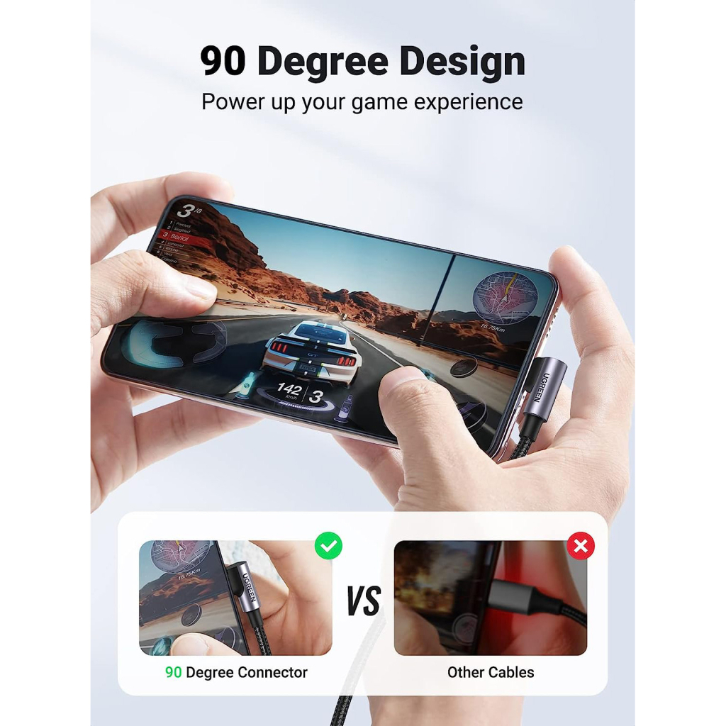 Дата кабель USB-C to USB-C 0.5m 3A 60W 90° corner US255 black/gray UGREEN (50122) - фото 5 Дата кабель USB-C to USB-C 0.5m 3A 60W 90° corner US255 black/gray UGREEN (50122) - фото 5