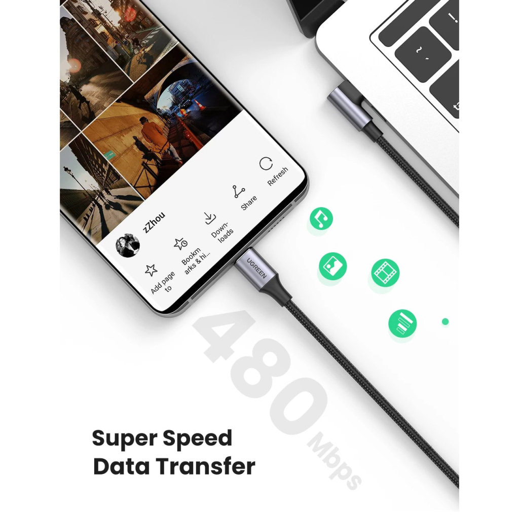 Дата кабель USB-C 2.0 to USB-C 1.0m 90° corner US334 black Ugreen (70643) - фото 3 Дата кабель USB-C 2.0 to USB-C 1.0m 90° corner US334 black Ugreen (70643) - фото 3