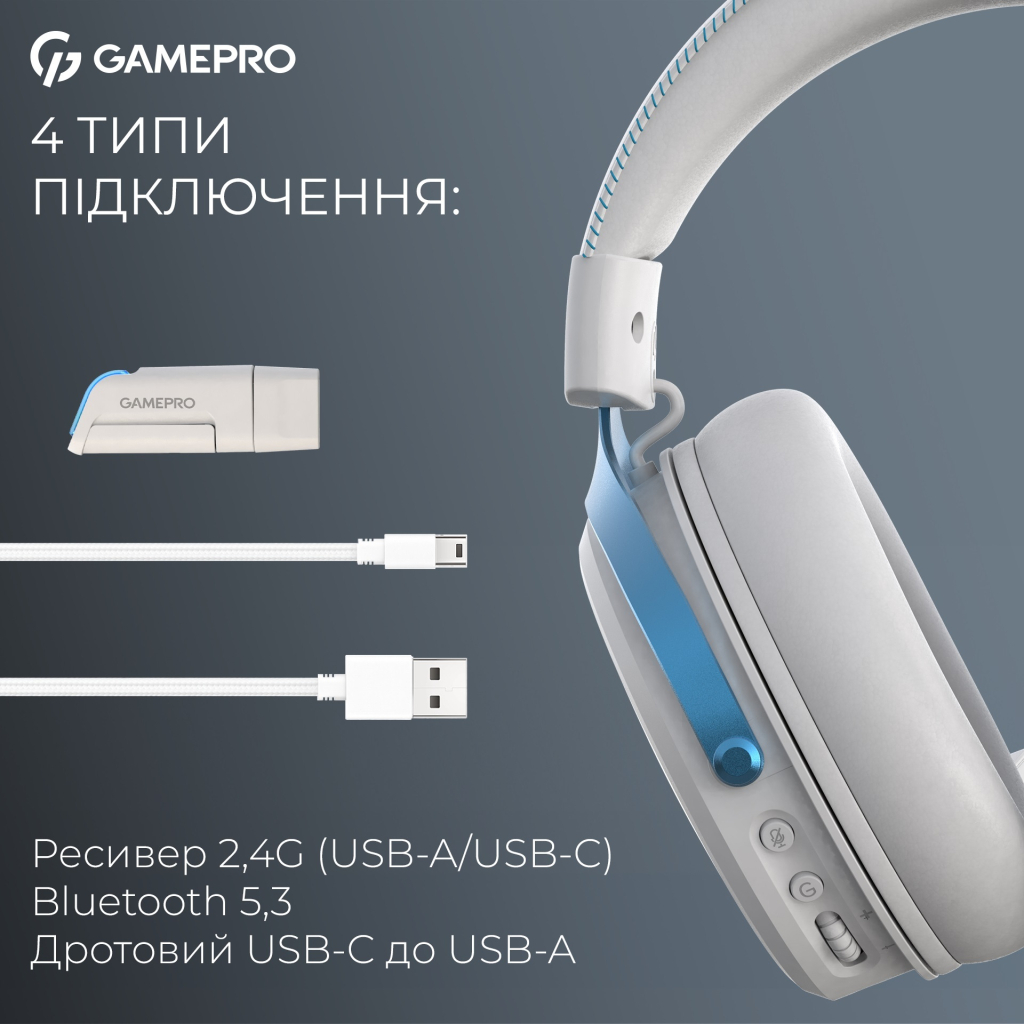 Навушники GamePro Asgard Skadi Wireless White/Blue (HSW191WB) - фото 7 Навушники GamePro Asgard Skadi Wireless White/Blue (HSW191WB) - фото 7