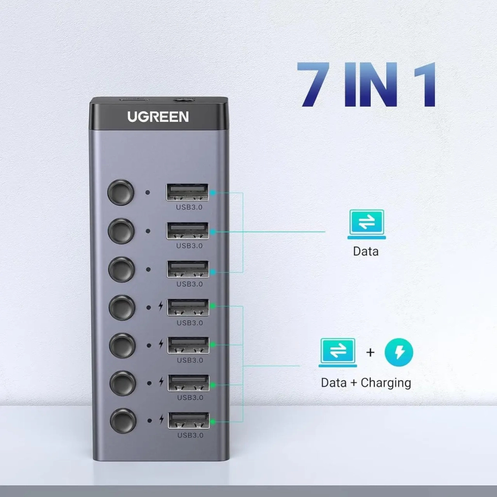 Концентратор Ugreen USB 3.0 to 7xUSB 3.0 with power supply CM481 gray (90307) - фото 3 Концентратор Ugreen USB 3.0 to 7xUSB 3.0 with power supply CM481 gray (90307) - фото 3