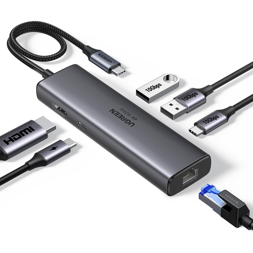 Концентратор Ugreen USB-C to HDMI + 2xUSB 3.2 + USB-C 3.2 + RJ45 + PD CM512 gray (45000) - фото 1 Концентратор Ugreen USB-C to HDMI + 2xUSB 3.2 + USB-C 3.2 + RJ45 + PD CM512 gray (45000) - фото 1