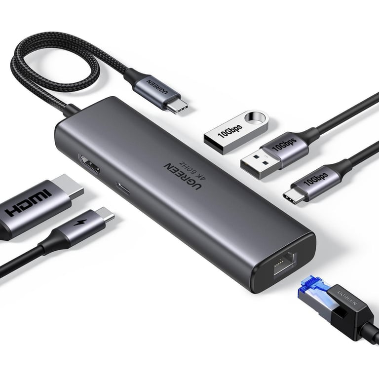 Концентратор Ugreen USB-C to HDMI + 2xUSB 3.2 + USB-C 3.2 + RJ45 + PD CM512 gray (45000) - фото 1