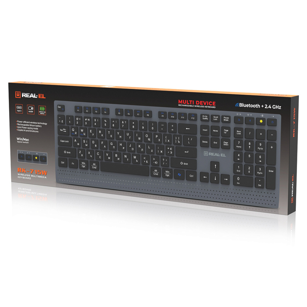Клавіатура REAL-EL RK-715W Wireless/Bluetooth Black/Gray (EL123100051) - фото 8 Клавіатура REAL-EL RK-715W Wireless/Bluetooth Black/Gray (EL123100051) - фото 8