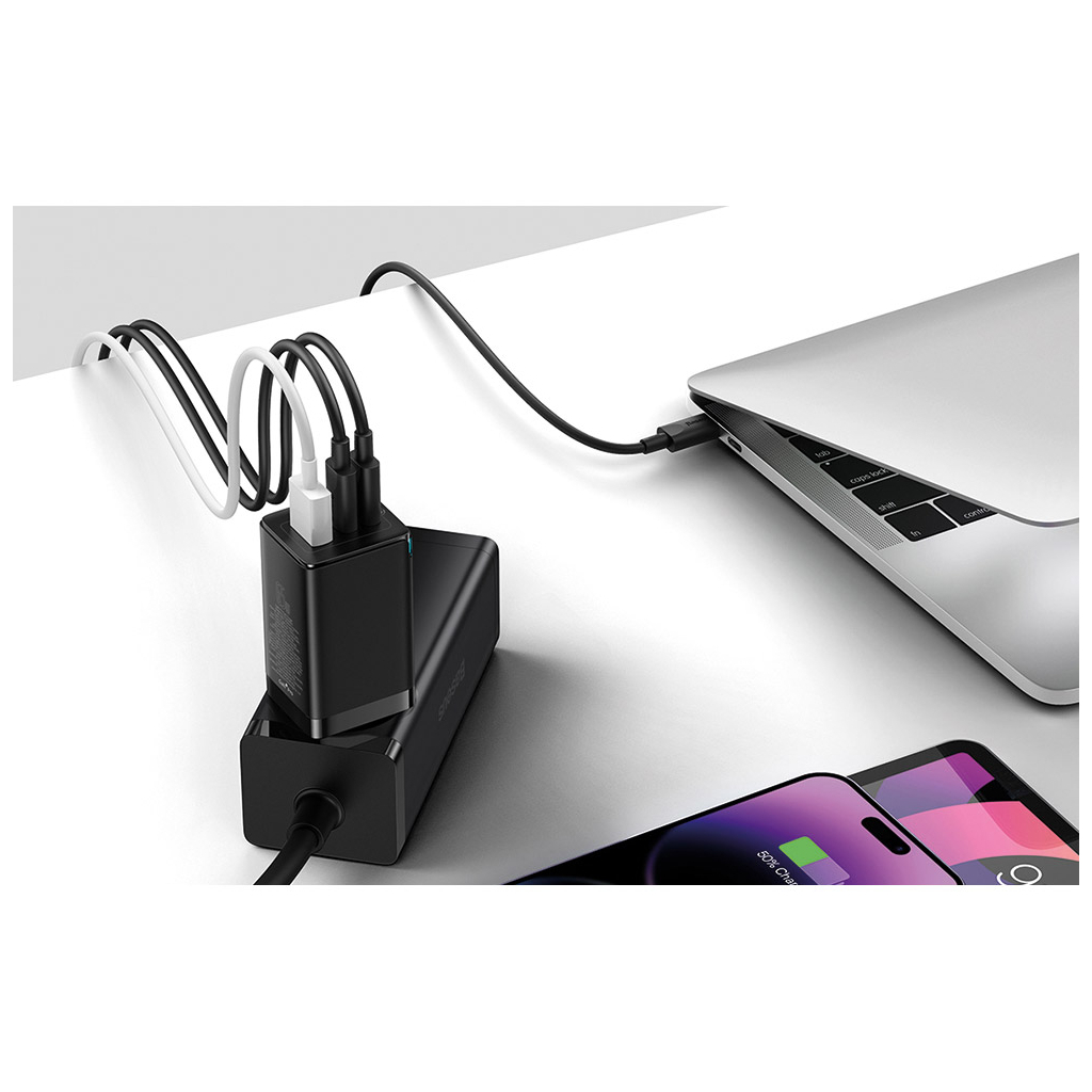 Зарядний пристрій Baseus 2xUSB-C 65W + 1xUSB GaN + cable USB-C to USB-C 100W 1.0m black (CCGP120201) - фото 8 Зарядний пристрій Baseus 2xUSB-C 65W + 1xUSB GaN + cable USB-C to USB-C 100W 1.0m black (CCGP120201) - фото 8